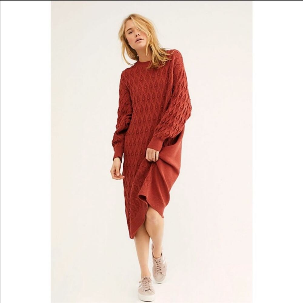 FREE PEOPLE Womens Oversized Nicole Sweater Midi Dress in Rust Red Size XS